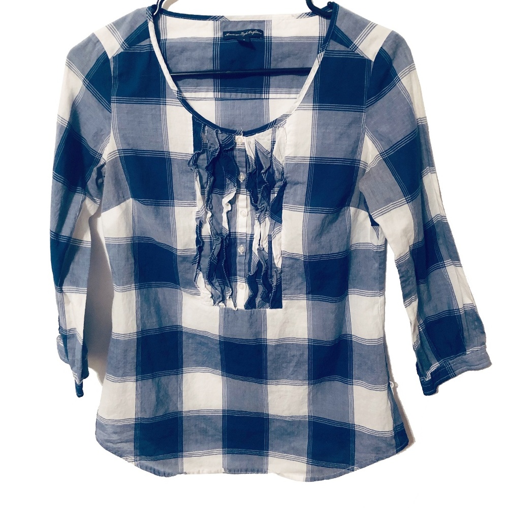 AE Blue and White Plaid Ruffled Blouse